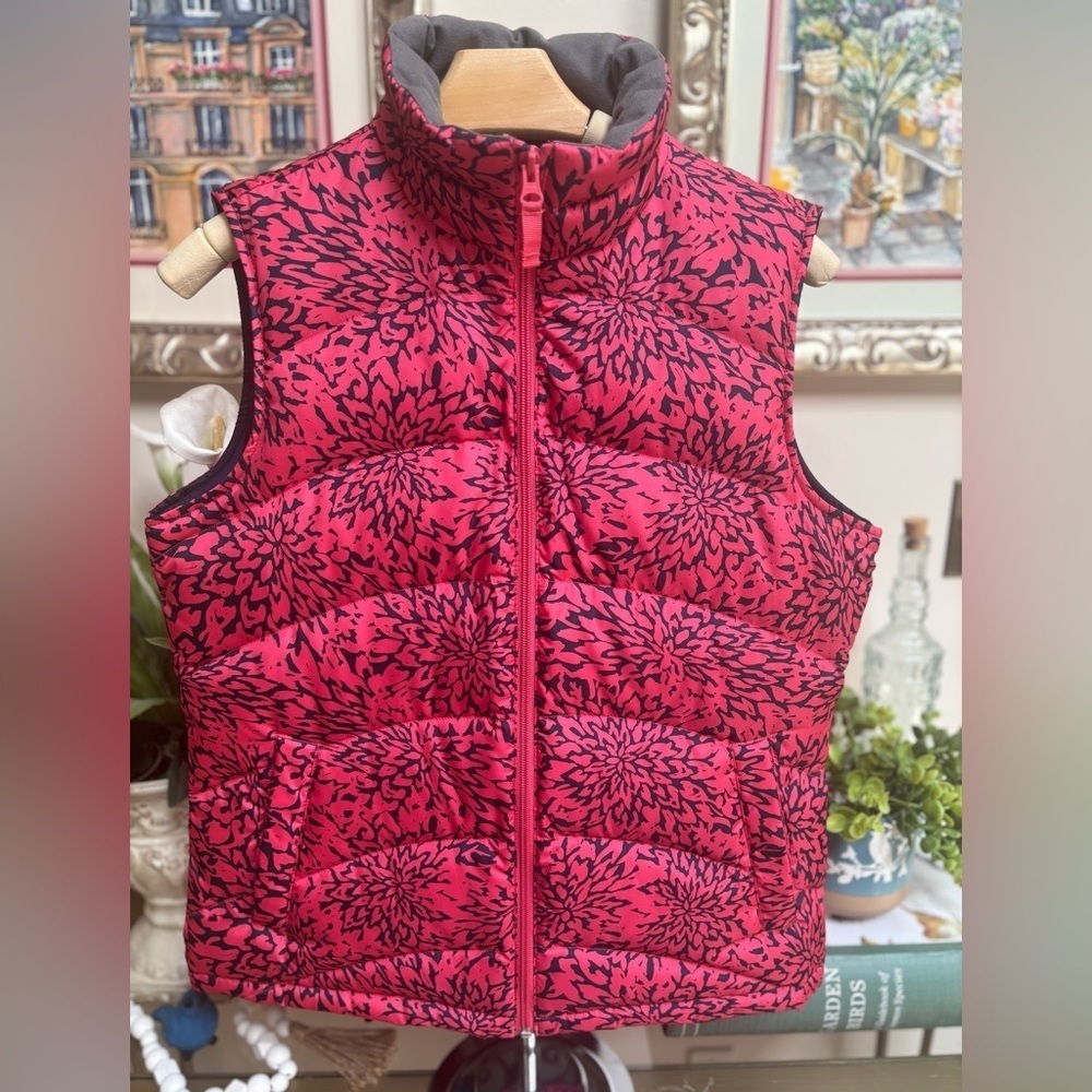 LANDS END Down Filled Puffer Vest Quilted Rose Print Ski Winter Hiking Wear Sz S